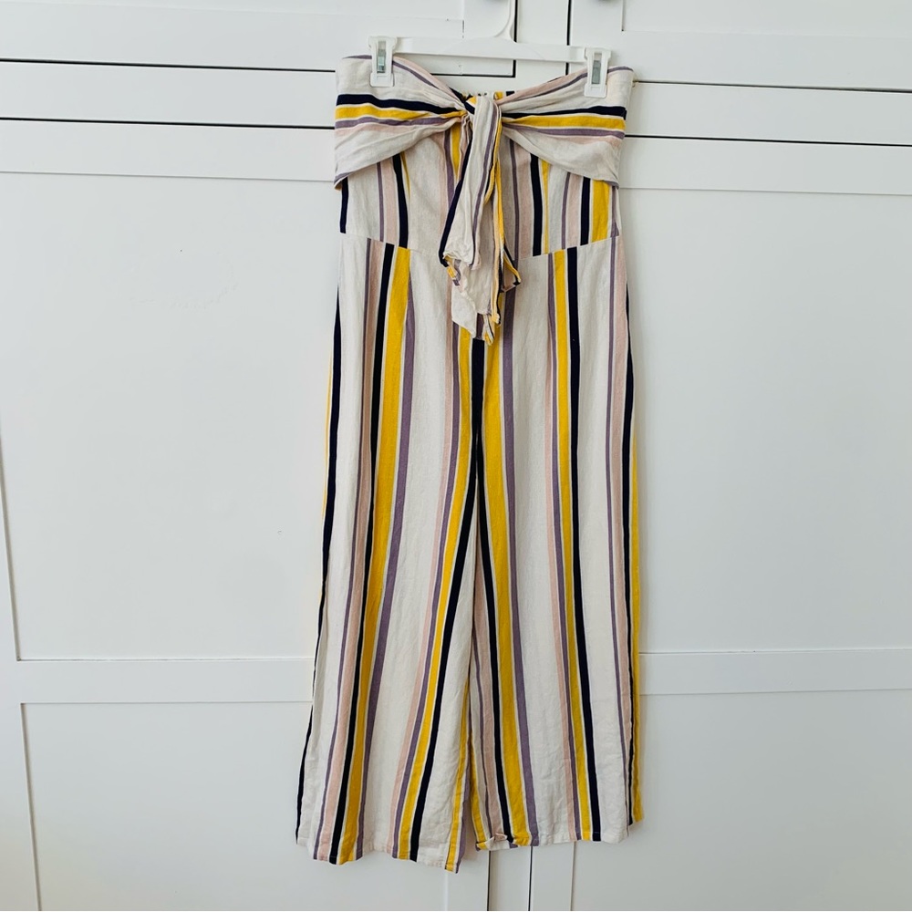 Gypsies & Moondust Linen Yellow/Pink Stripe Strapless Wide Leg Jumpsuit Size 9